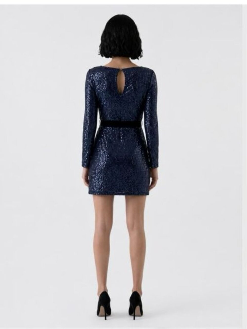 Sequined Navy Blue Long Sleeve Mini Dress With Belt - Dress Forum Los Angeles - - Picture 2 of 6